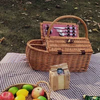 Large-capacity Rattan Picnic Basket Woven Storage Hamper Outdoor Fruit Baskets with Tableware Full Set Camping Storage Box 2