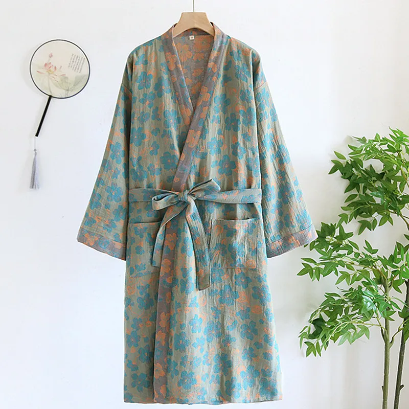 Women Sleepwear Cotton Bathrobe Pure Cotton Robes For Women 3/4 Sleeve Spring Autumn Bathrobe Female Printed Morning Robes Loose Home Wear Sleep Dressing Gowns
