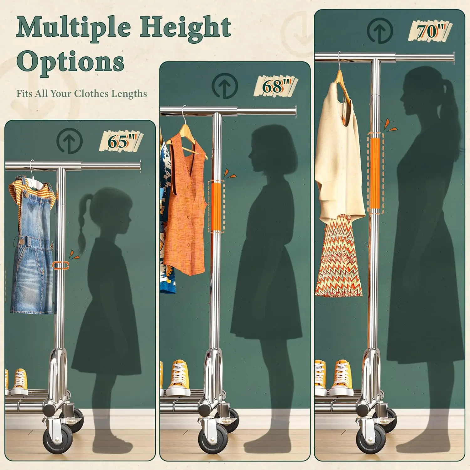 Heavy Duty Clothes Rack, Clothing Racks for Hanging Heavy Clothes 300+, Rolling Clothing Rack Load 485 LBS