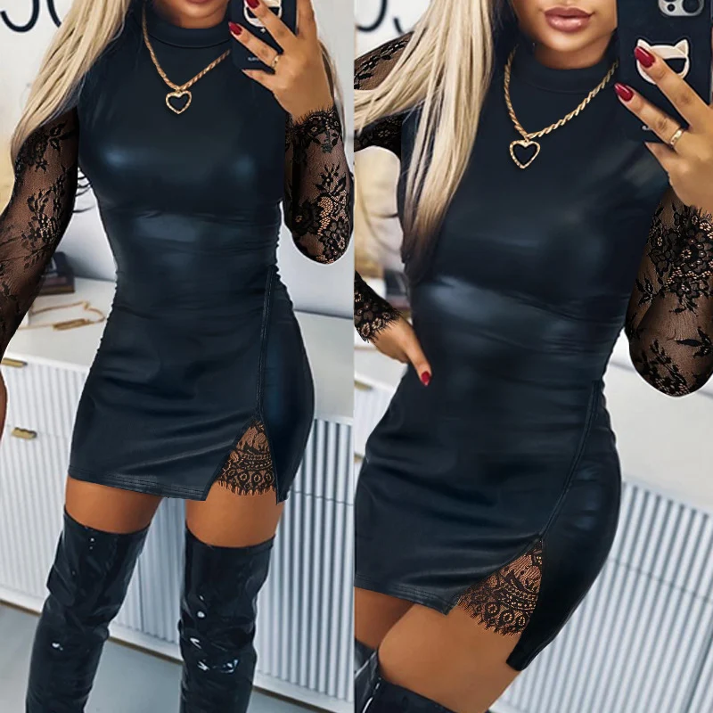 

Женское модное мини-платье из искусственной кожи с круглым вырезом, привлекательное кружевное прозрачное вечернее платье с длинным рукавом, элегантные облегающие платья с Боковым Разрезом, 2024