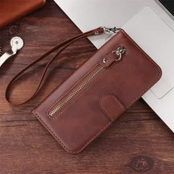 Zipper Leather Flip Phone Case with Coque Design for Redmi Note 12T Pro (Brown)
