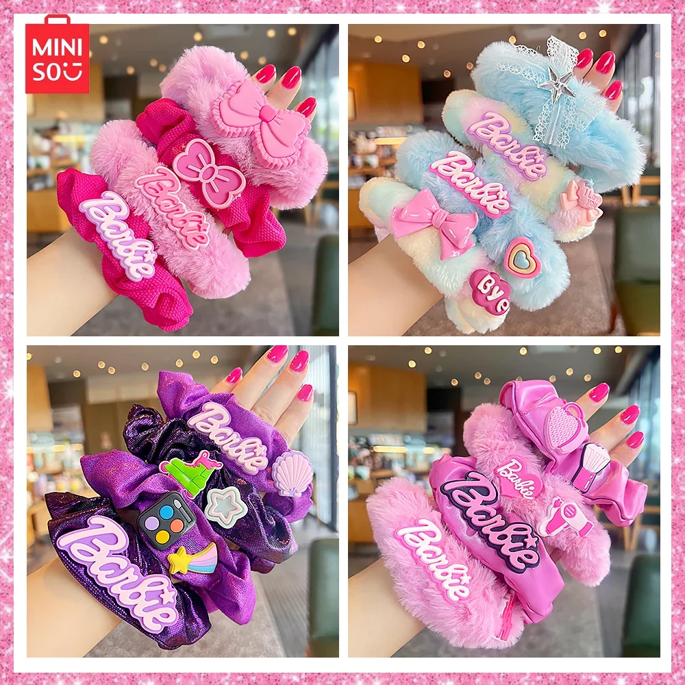 

2024 Miniso Barbie Pink Autumn Winter 4-Pcs Dopamine Colorful Sweet Cool Y2K Girl Large Plush Large Intestine Hair Ring Headwear