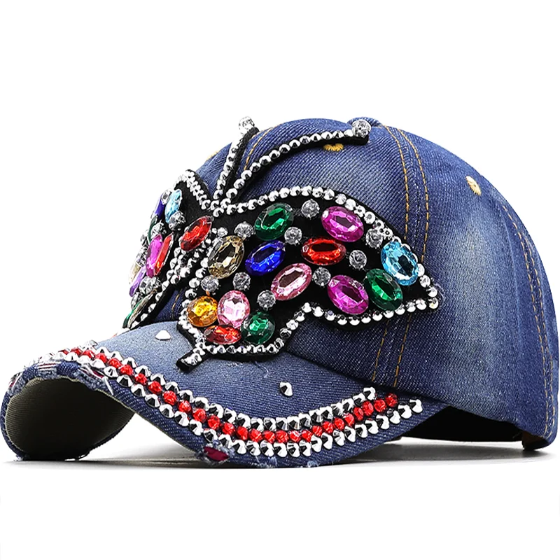 

Роскошная женская бейсбольная кепка «сделай сам» с кристаллами, цветная большая шляпа с бабочкой, джинсовые блестящие стразы, Снэпбэк кепки, Casquette, летние шапки
