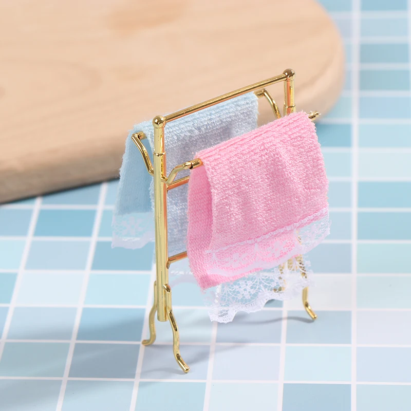 1:12 Metal Free-Standing Hand Towel Drying Rack With 2 Towels For Dollhouse 2