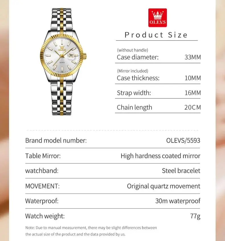 OLEVS 5593 Woman Quartz Watch High Hardness Coated Mirror Date Watch For Women Top Brand Original Waterproof Ladies Wristwatch