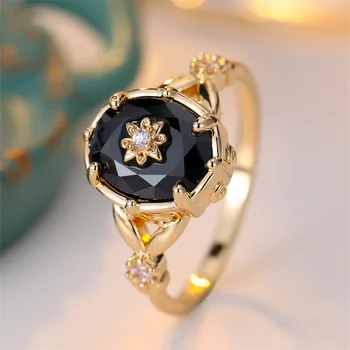 Fashion Star Flower Vintage Black Crystal Oval Stone Rings For Women Gold Color Engagement Bands Wedding Jewelry Versatile Gifts