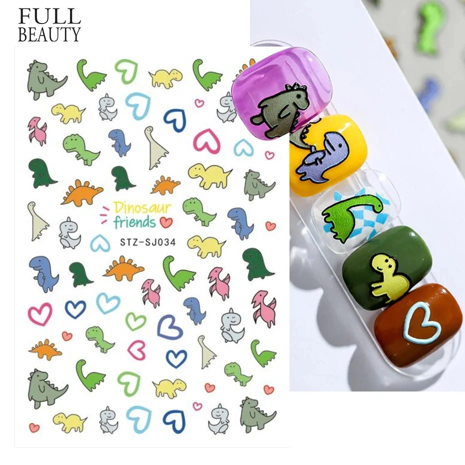 Nail Stickers, 3D Kawaii Dinosaur, Cartoon Self-adhesive Decal, Cute Cat Animals Design, Manicure Decoration