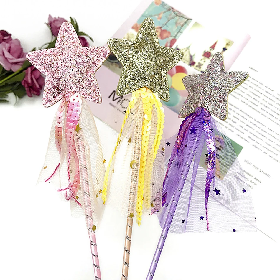 Children Five Point Stars Wand with Tassels Ribbon Halloween Princess Magic Accessory with Glitter Star Great for Themed Parties 2