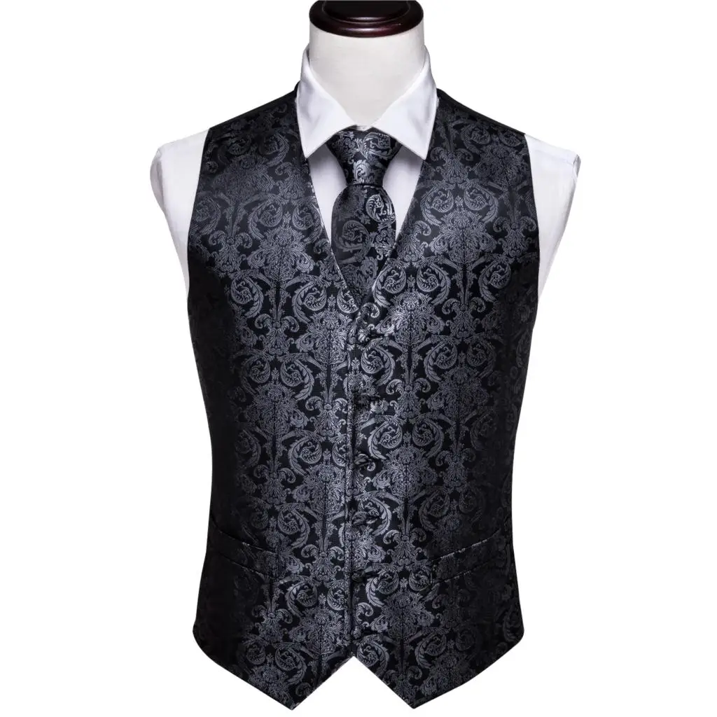 Heren Paisley Jacquard Pak Met Vest, Enkele Knopenrij, Slim Fit, Button Down, Prom Formeel Pak, Zwart 1, M