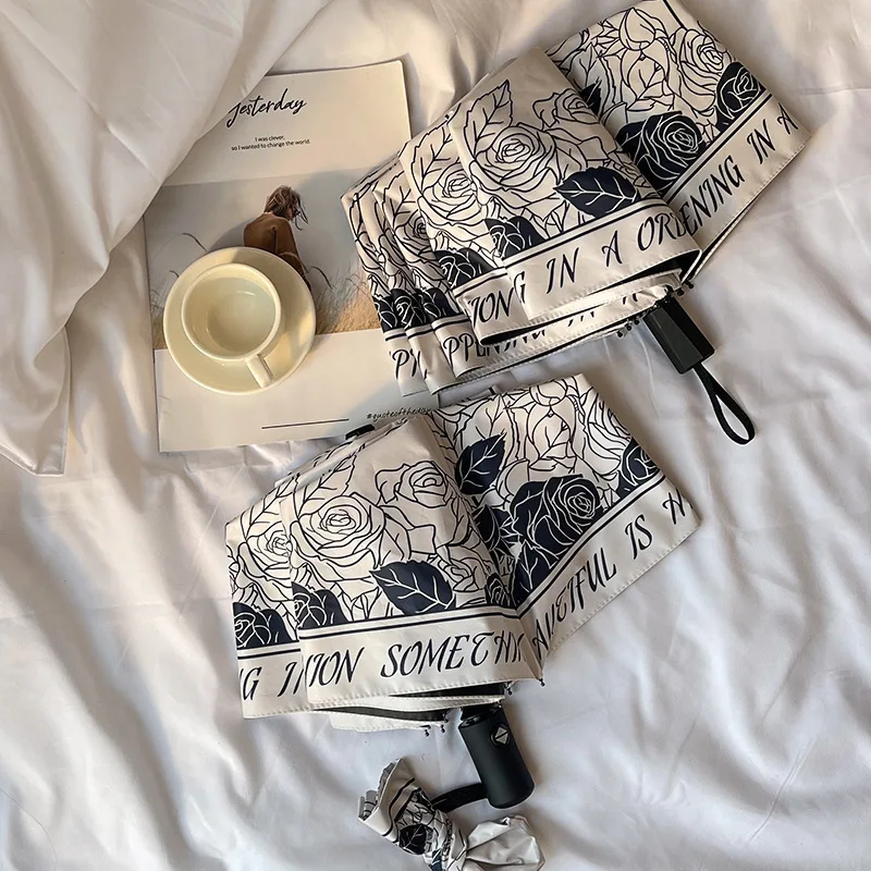 High Appearance Level Retro French Black and White with Girls' Sunshade UV Triple Fold Automatic Clear Umbrella