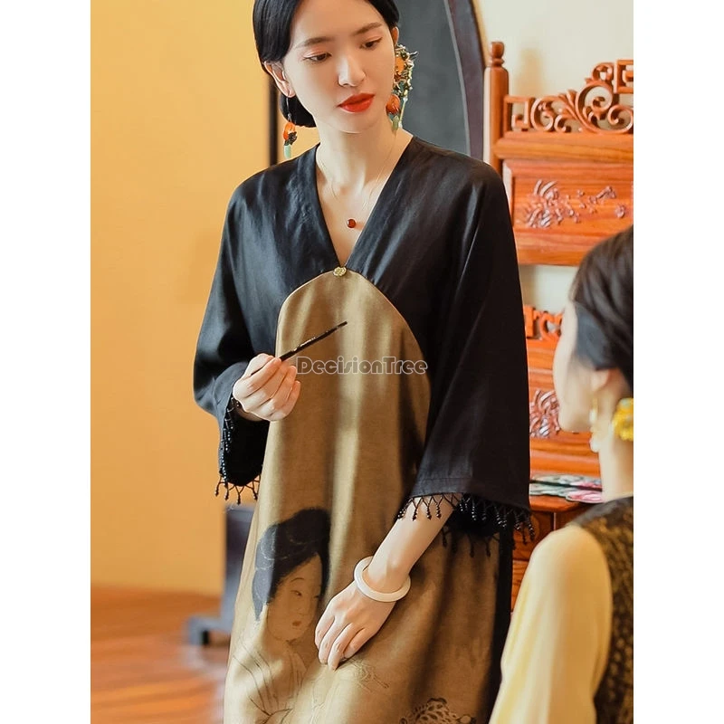 ethnic style brocade printing vintage robe new chinese style literature art temperament dress elegant lady daily clothing