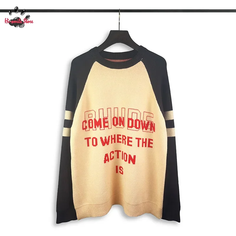 

Round Neck Knit Sweatshirts Men Woman 1:1 High Street Vintage Loose Autumn Winter Splice Sweater Letter Jacquard