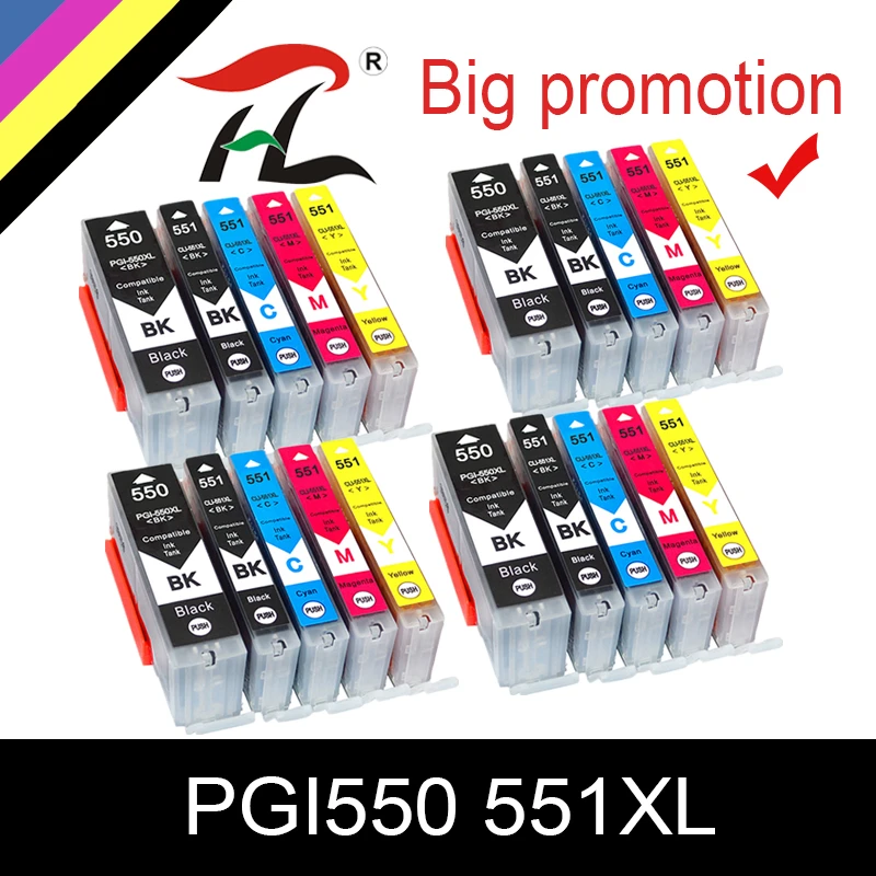 Cartucho de Tinta Compatível Canon Pixma Pgi550 xl Cli 551 Pixma Ip7250 Ix6850 Mg5550 Mg5650 Mg6450 Mg6650 Mx725 Mx925 20 Pcs