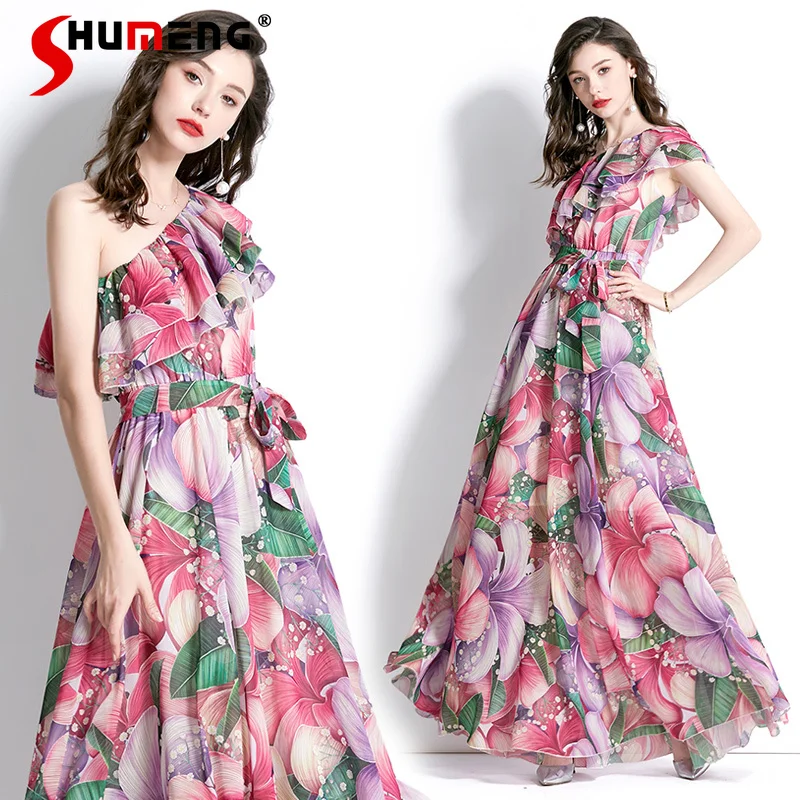 

Boho Printed Flower Ruffled Lace-up Dress Woman 2024 Spring and Summer New Seaside Women's One-Shoulder Slim Large Swing Dresses