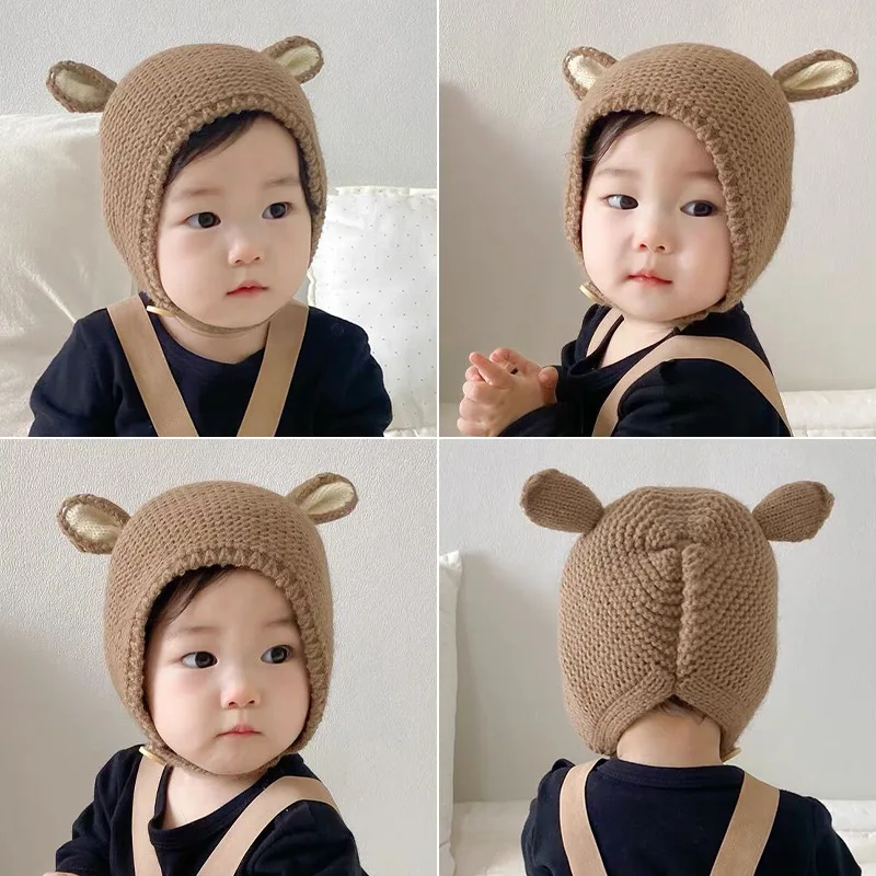

Baby Boys Girls Autumn Winter Knitted Hat Cute Bear Beanie Skull Cap Bear Hat Ear Warm