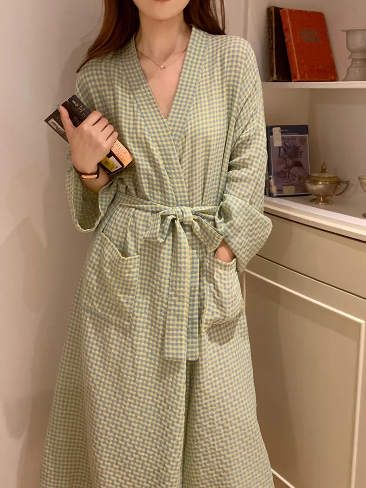 Home Soft Summer Stripe Long Sleeve Plaid Sleepwear Women Elegant Casual Long nightgown Korean Style Simple Sweet Sleep Tops Ins,women sleepwear