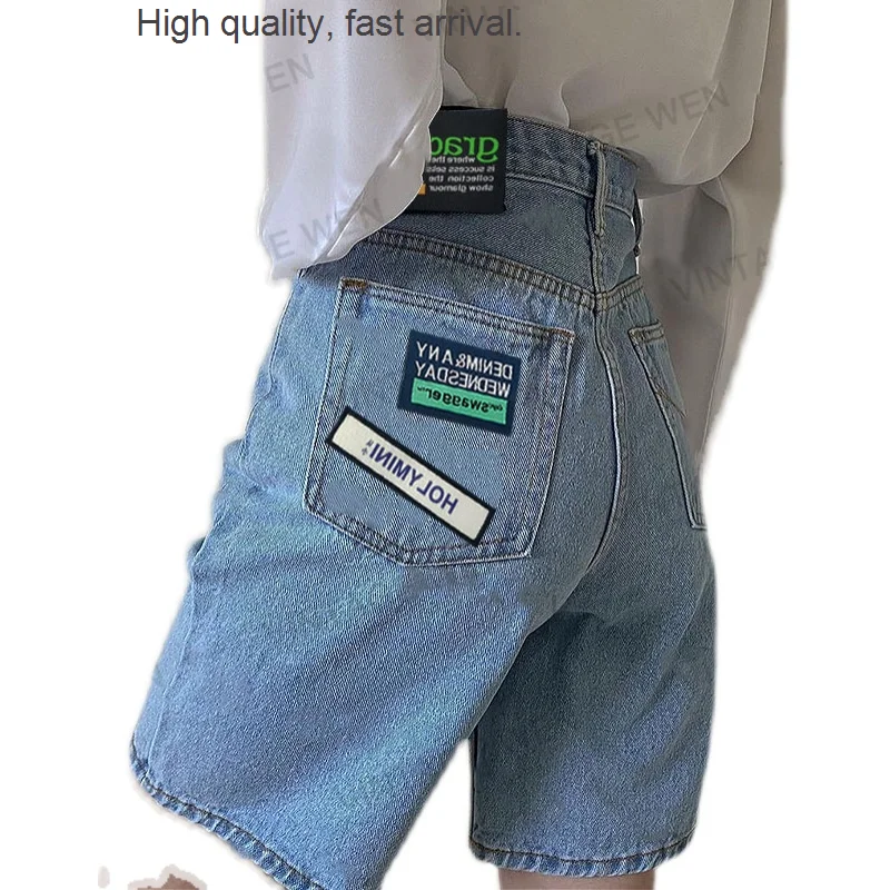 

Шорты женские прямые с вышивкой и высокой талией, винтажные уличные джинсы в американском стиле, синие, на лето