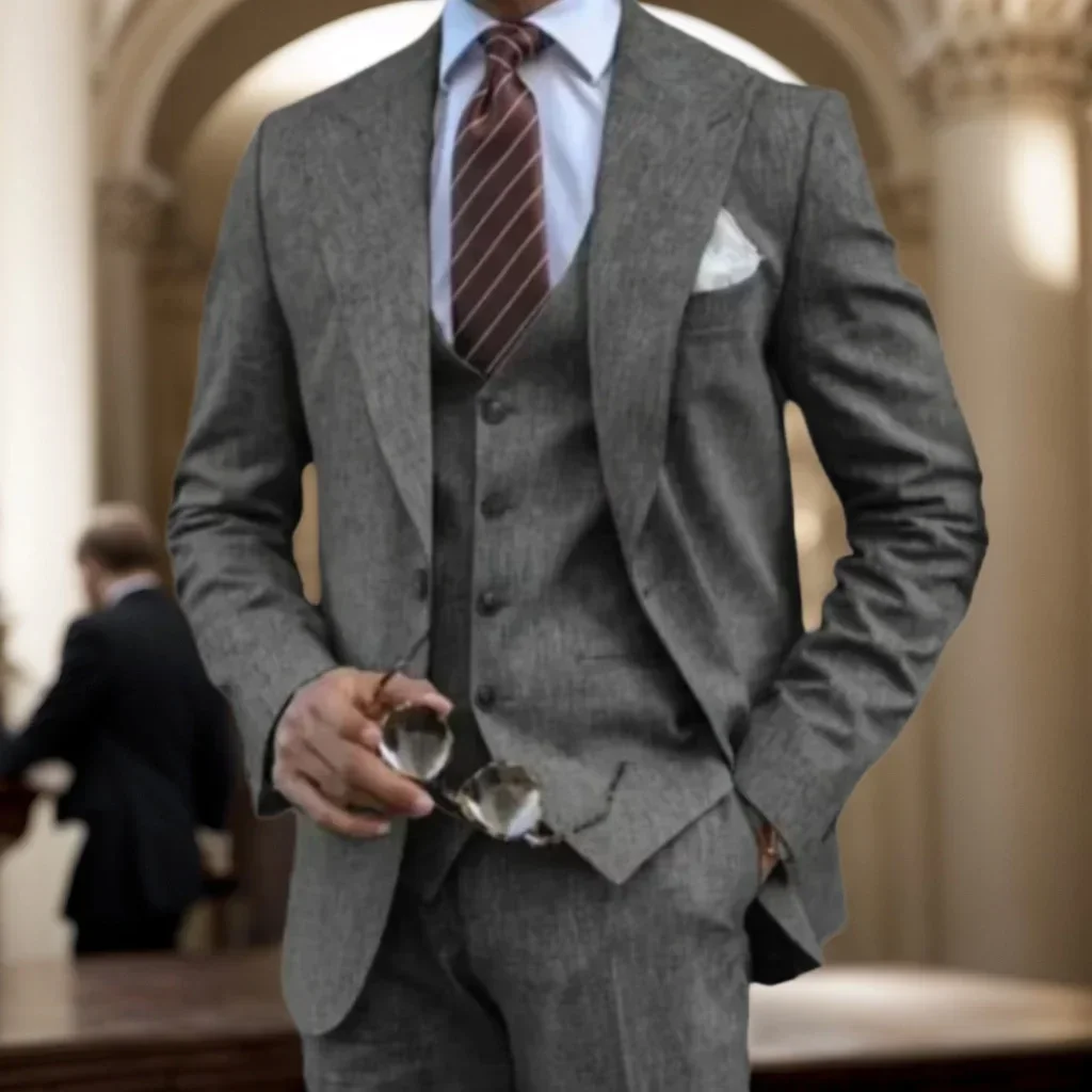 Regular Suit for Men Stylish 3 Piece Blazer Vest and Pant Set Elegant Tuxedo Set Wedding Ceremony Business Classic Costume Coat