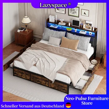 Struttura letto matrimoniale Lazyspace, letto retrò con testiera LED in PU e 4 cassetti, letto contenitore moderno in legno e metallo, mobili per camera da letto 1