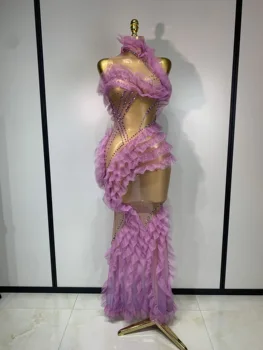 Women Sexy Mesh Ruffles Sparkly Diamonds Bodycon Maxi Long Dress Evening Party Costume Bar Nightclub Stage Performance Outfit 1