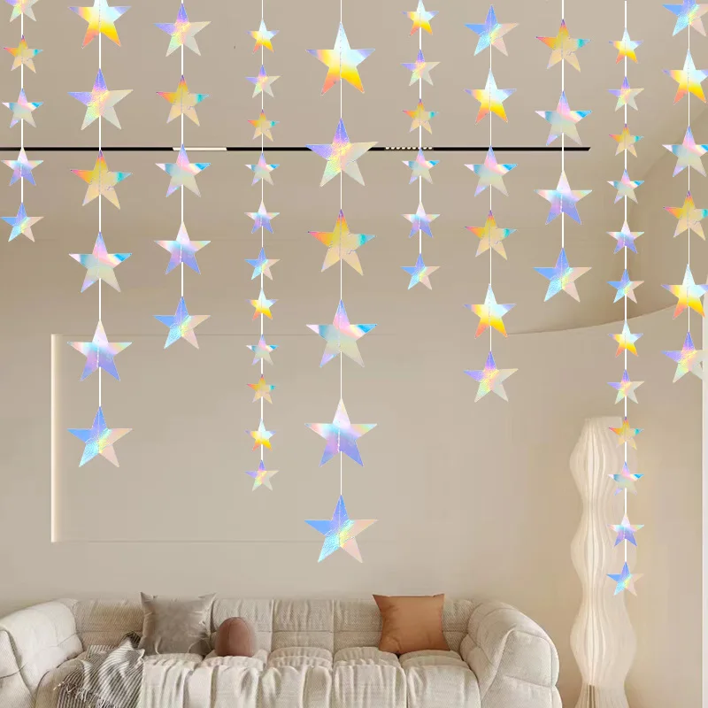 레이저 실버 페이퍼 별 화환 배너, 생일 파티 장식, 소녀 소년 베이베이 샤워, 웨딩 크리스마스 벽걸이, 4M