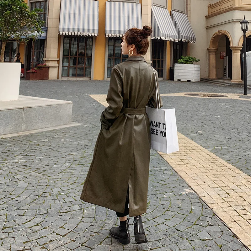 

2022 Roupa De Frio Femininalong Army Green Goddess Windbreaker Fashion Autumn and Winter Hong Kong Style Leather Jacket Women
