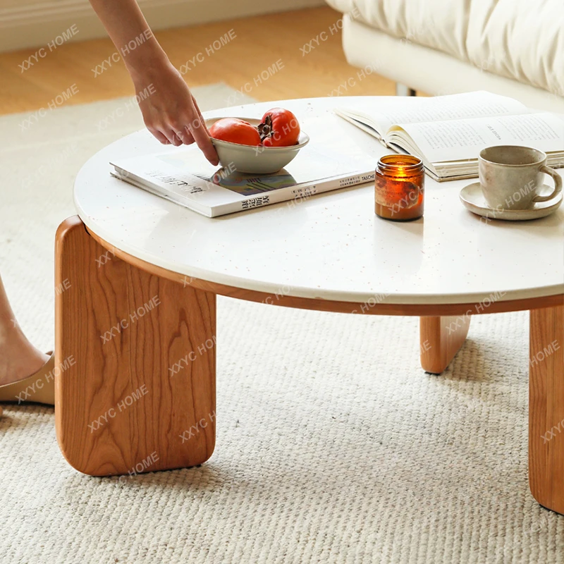 

Кофейный столик из массива дерева Aurora Stone Plate Nordic Cherrywood, круглый стол для гостиной, маленький диван для квартиры, боковой столик