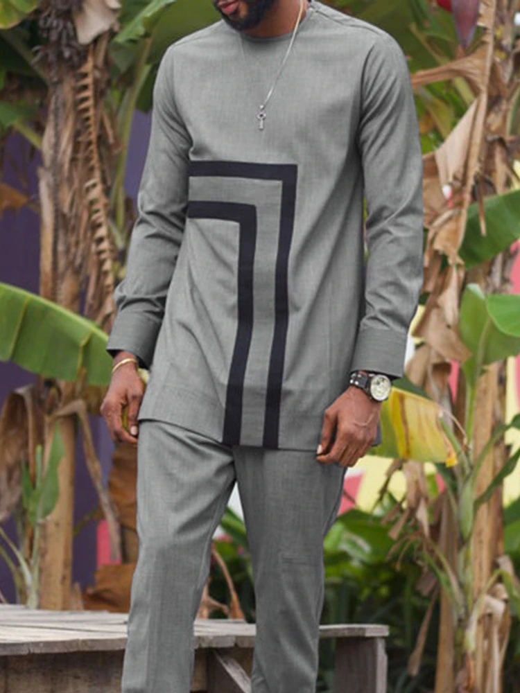 Muslim Suit Islamic Clothing African Ethnic Style Long Sleeved Printed Patchwork Men's Suit Islamic Clothing  Caftan Tunic Men