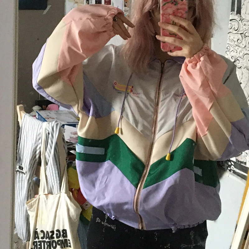 Women's Pastel Bomber Jacket Cute Color-Block Coat Windbreaker 90s Aesthetic Outfits Y2k