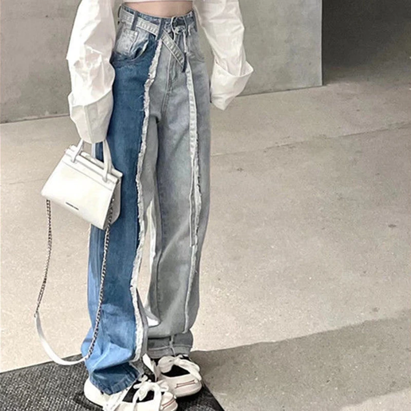 

High Waist Women Jeans Patchwork Female Loose Wide Leg Pants American Retro Belt Casual Denim Summer trousers New