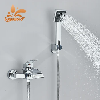 Chrome ห้องน้ําก๊อกน้ําอ่างอาบน้ําก๊อกน้ําพร้อมฝักบัวมือน้ําตก Spout Wall Mount น้ําร้อนเย็น Mixer อาบน้ํา 1