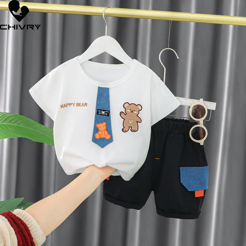 

New 2023 Baby Boy Summer Short Sleeve Round Neck Cartoon Necktie Bear T-shirt Tops with Shorts Kids Boys Fashion Clothes Sets