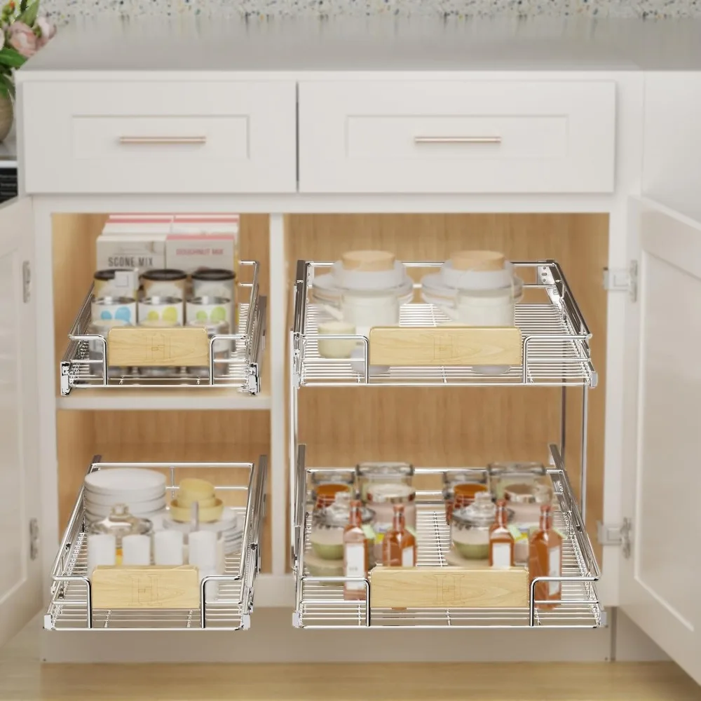 2 Tier Pull Out Cabinet Organizer 19&frac12;" W x 21&frac12;" D, Slide Out Drawers with Wooden Handle, Sliding Shelves Organization