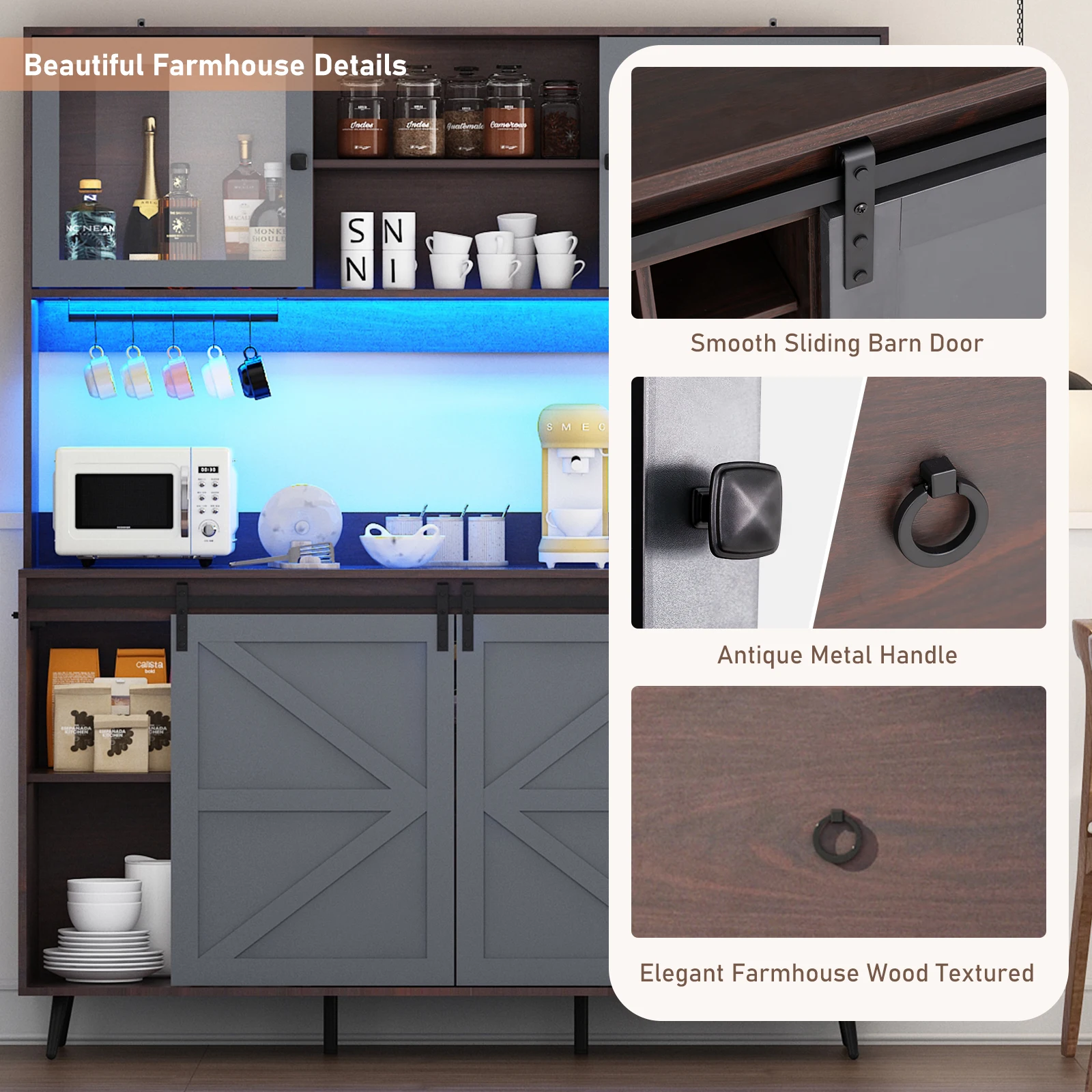 75" Tall Large Buffets Sideboards with Sliding Barn Doors & Drawers, Farmhouse Led Coffee Bar Cabinet Table w/Wine Glasses Rack