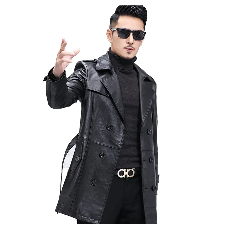 Genuine Leather Coats for Men, Cowskin Trench, Dust Coat, Lapels Jacket, Business Casual, 4XL