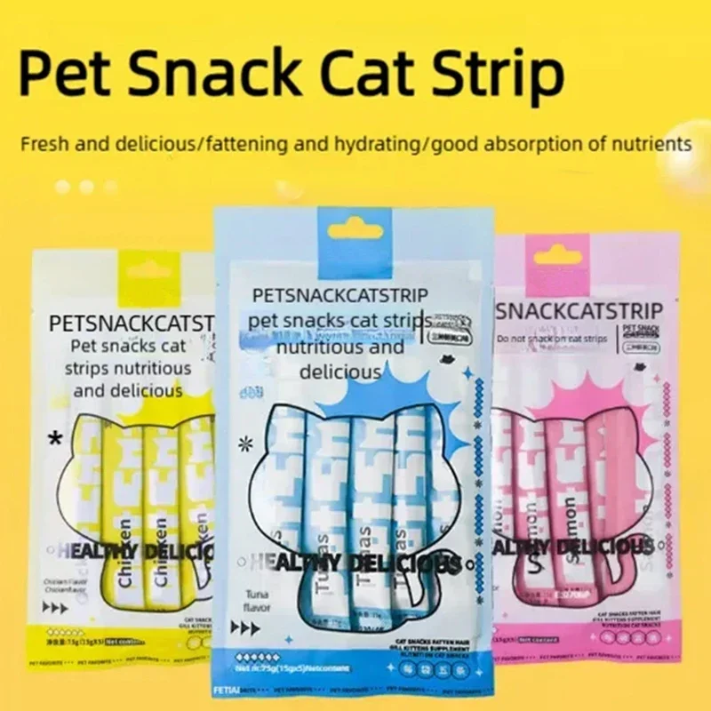 Pet Cat Strips Play Snacks Kitten Runny Chicken Tuna Salmon Wet Food 10 Strips/Bag