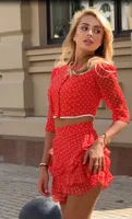 Ensemble chemisier à volants et jupe pour femme, haut court à manches mi-ballon imprimé, robe courte superposée taille haute, tenue décontractée d'été 3