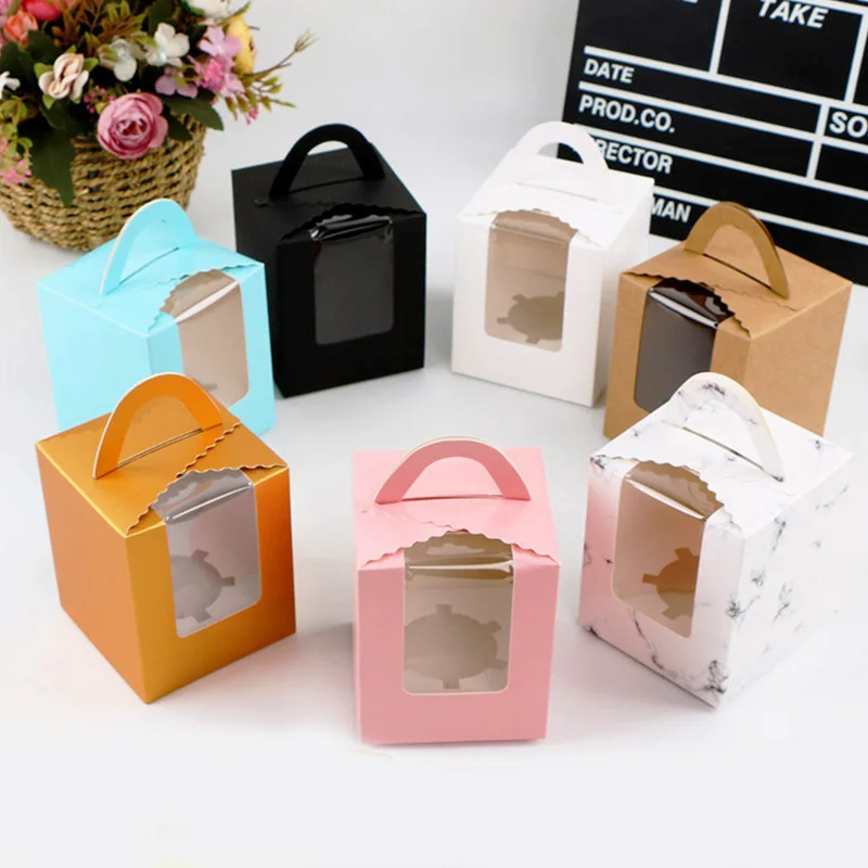 

10Pcs/Set Kraft Paper Boxes Transparent Window Portable Cupcake Box For Christmas Wedding Party Supplied