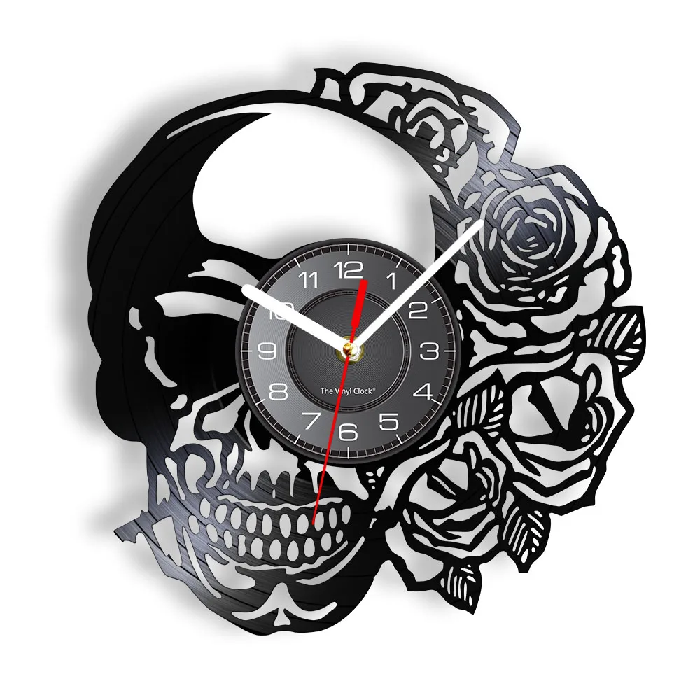 

Hippie Skull With Rose Vinyl Record Wall Clock Halloween Home Decor Sugar Skull Day of The Dead Carved Album Music Record Clock