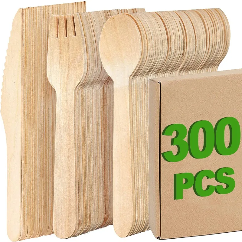 

300Pcs Disposable Wooden Spoon Fork Knife Cutlery Set for Wedding Birthday Party Tableware Dessert Cake Scoops Kitchen Utensils