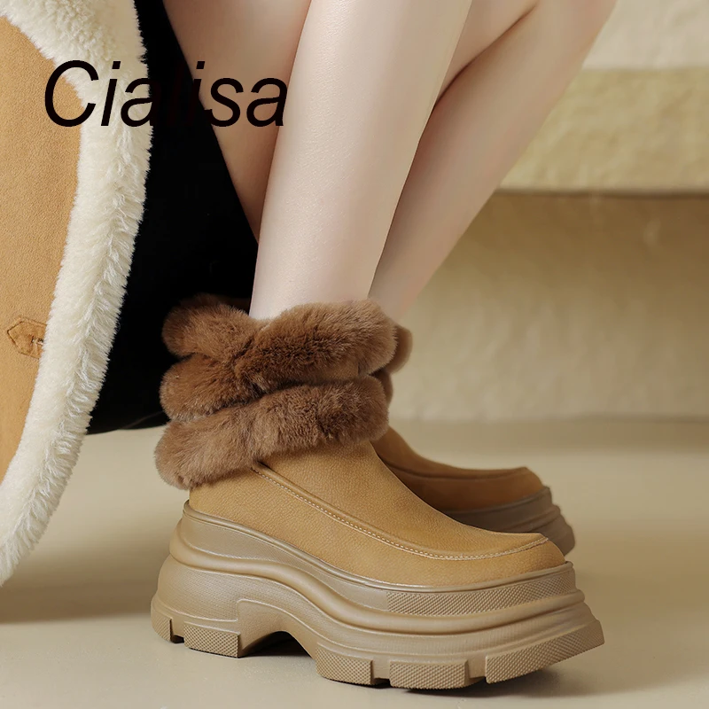 

Cialisa 2023 Winter Warm Wool Fur Women Short Boots Round Toe Brown Genuine Leather Shoes Zipper Chunky Heel Platform Ankle Boot