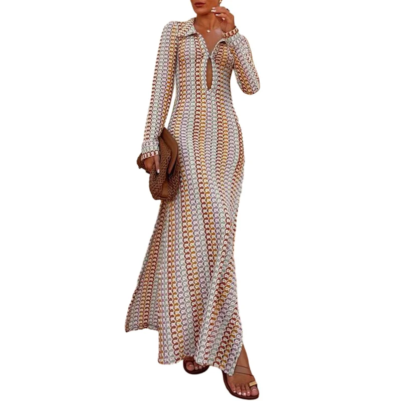 Crochet Dress y2k Clothes Women Geometric Print Turn Down Collar Long Sleeve Long Dresses Vintage Beach Party Dresses