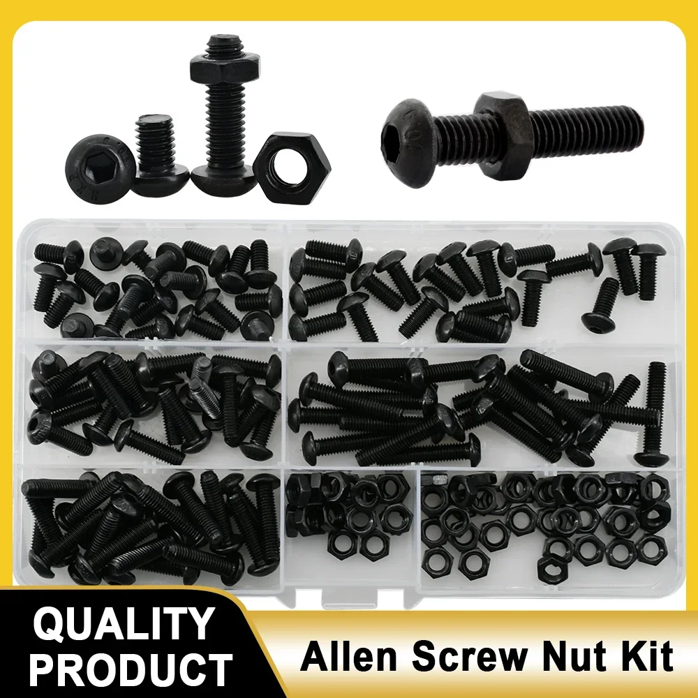 Hex Hexagon Socket Button Head Screw Nut Kit M2 M3 M4 M5 M6 Black Grade 10.9 Allen Round Head Screws Bolt Nut Assortment Set screw bolt nut set hex nuts assortment kit screw washer nut kit hexagon socket head cap screw