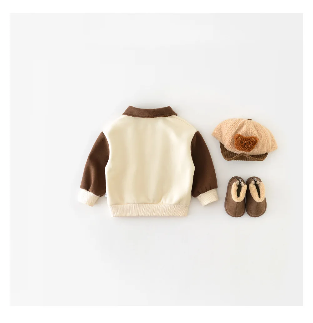 Description Picture 6 of item2025 Winter New Baby Long Sleeve Fleece Sweatshirt Bear Print Toddler Boy Girl Plus Velvet Thick Lapel Tops Infant Warm Pullover