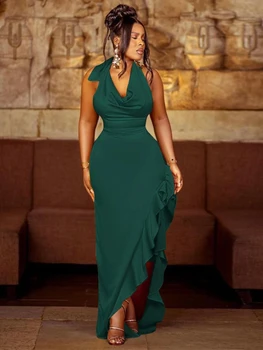 Abito lungo elegante senza maniche con scollo all'americana per donna, sexy, senza schienale, con volant, orlo asimmetrico, colletto oscillante, allacciatura per la festa serale