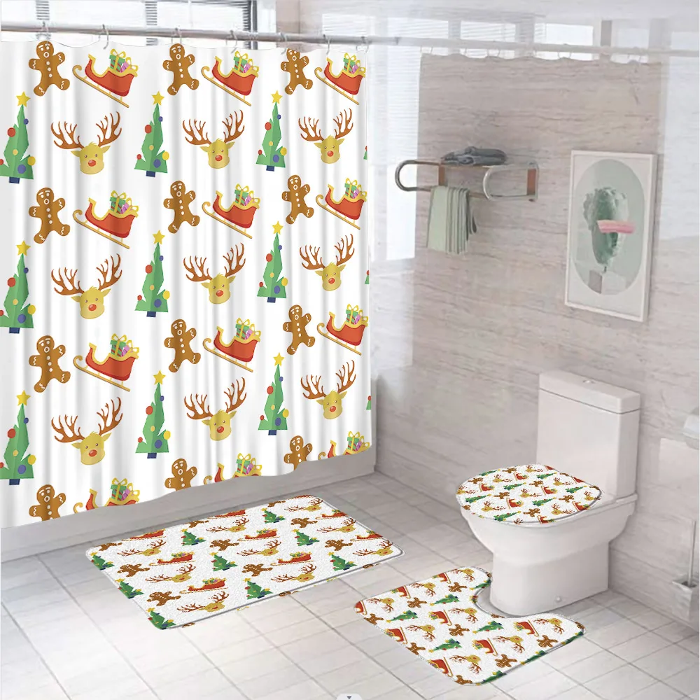 Cute Elk Deer Reindeer Shower Curtain Set Non-Slip Rug Toilet Lid Cover Bath Mat Xmas Christmas Sleigh Bathtubs Curtains 12 Hook