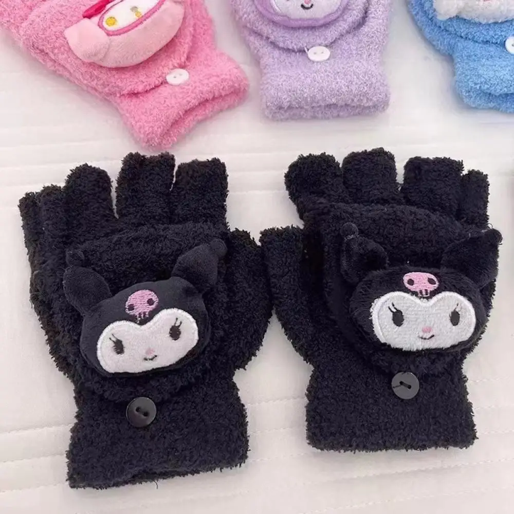 Cinnamoroll Anime Sanrio Kuromi Plush Flip Warm Outdoor Cold Proof Cover Gloves Exposed Fingers Mobile Touch Screen Gloves 5-16Y