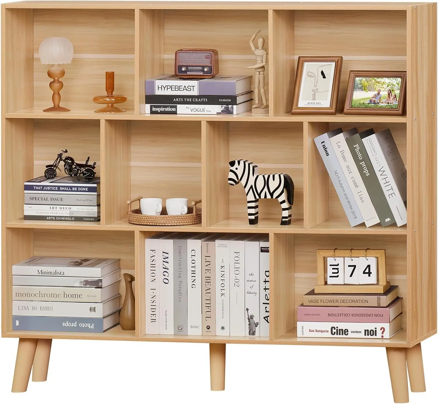 

Книжная полка LEYAOYAO 10-кубическая, 3-уровневый современный широкий книжный шкаф с ножками, книжные полки среднего века для хранения, натуральный большой книжный шкаф