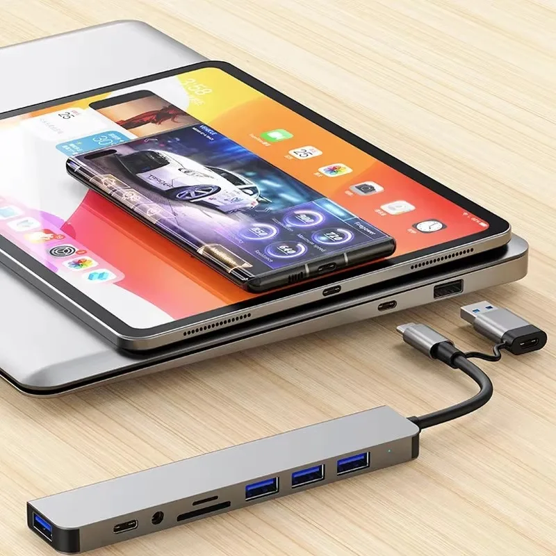 USB Hub Adapter USB C Hub USB Splitter 8 in 2 Extender 4 Port 1 USBC Port TF/SD Card Reader Audio Output for MacBook