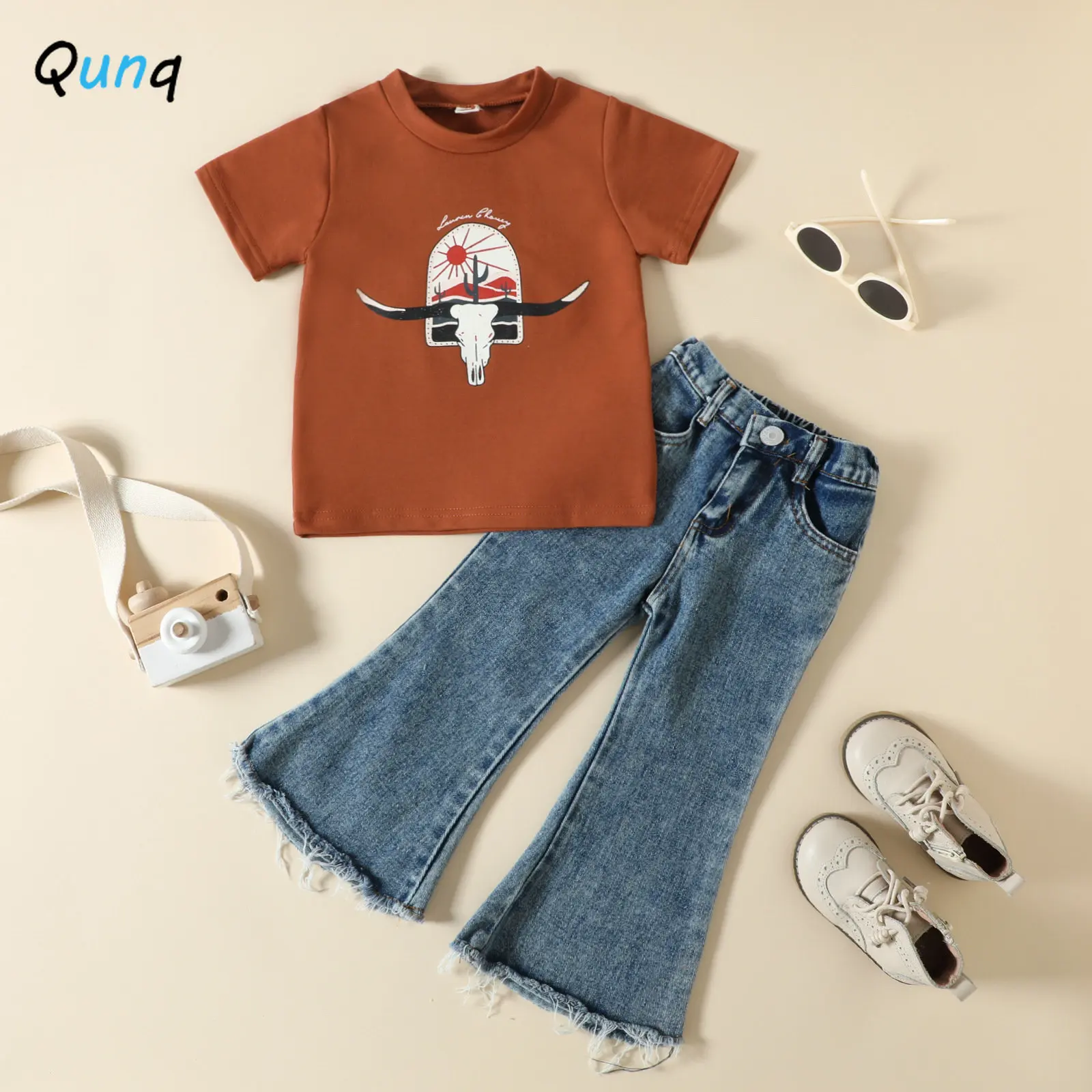 

Qunq 2023 Spring Summer New Girls O Neck Print Short Sleeve Top + Denim Bell Bottoms 2 Pieces Set Casual Kids Clothes Age 3T-8T